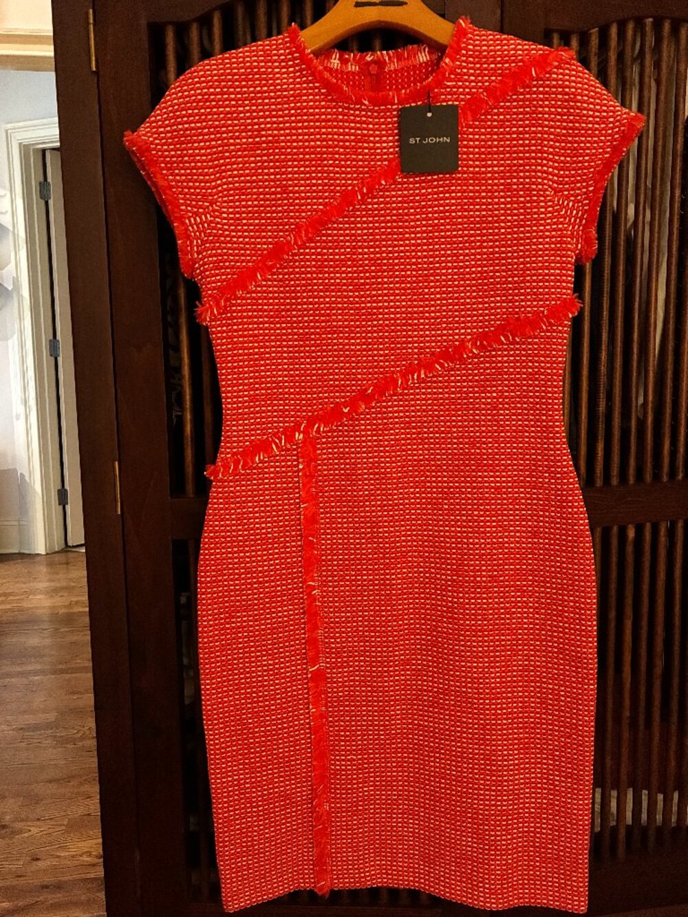 NWT St John Orange Geranium & White Knit Dress With Fringe Size 4